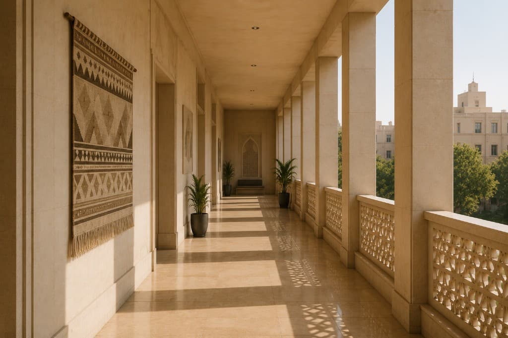 Warm regional institutional corridor with lattice details and natural daylight.